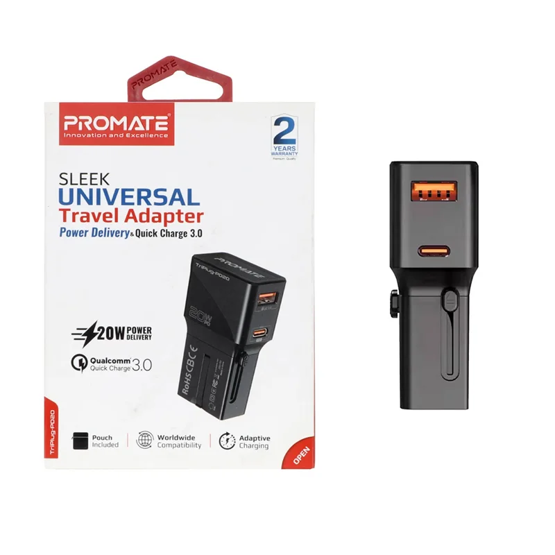 شارژر دیواری فست و PD دو پورت Promate مدل TriPlug-PD20 20W - مشکی