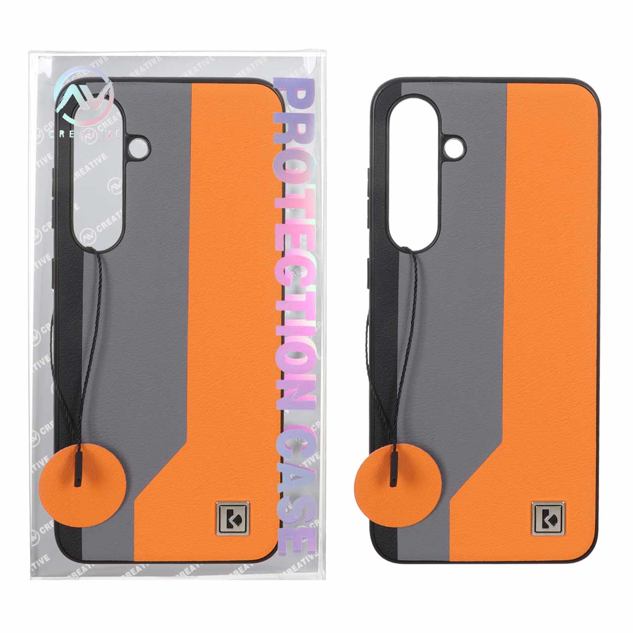 قاب Protection Case طرح چرم لوگو فلزی Samsung Galaxy S24 FE - خاکستری نارنجی (پک دار)