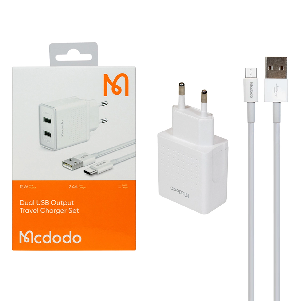 شارژر دیواری فست دو پورت Mcdodo مدل CH-3971 12W به همراه کابل شارژ اندروید - سفید (گارانتی متین)