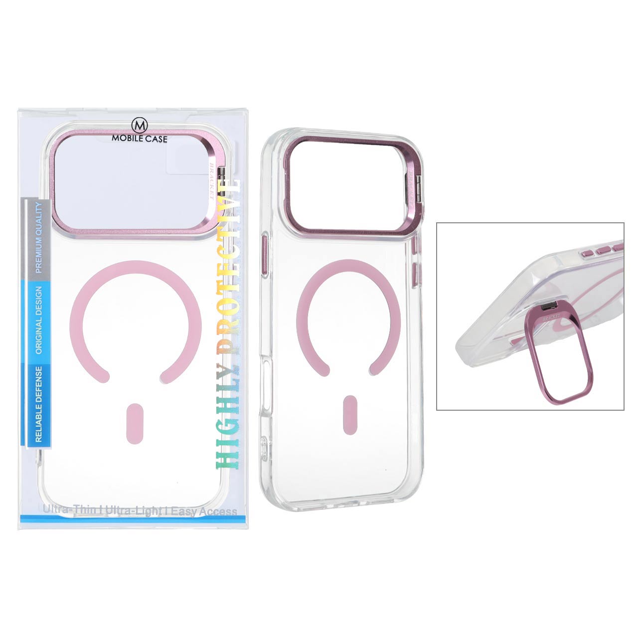 قاب اورجینال Bracket کریستالی MagSafe لنز استندشو Apple iPhone 17 Pro - صورتی (پک دار)