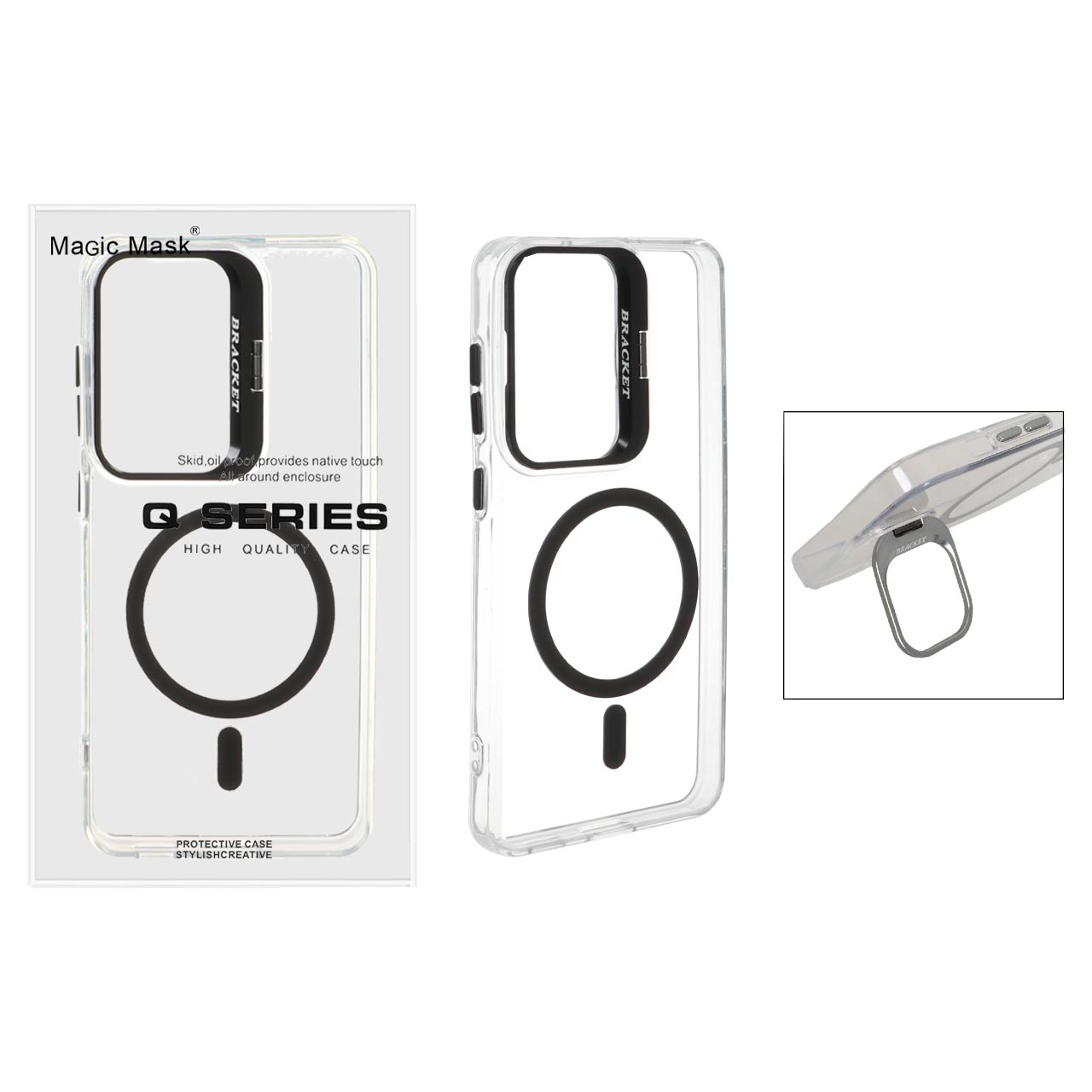قاب اورجینال Q Series Bracket کریستالی Magsafe لنز استندشو Samsung Galaxy S21 FE - مشکی (پک دار)