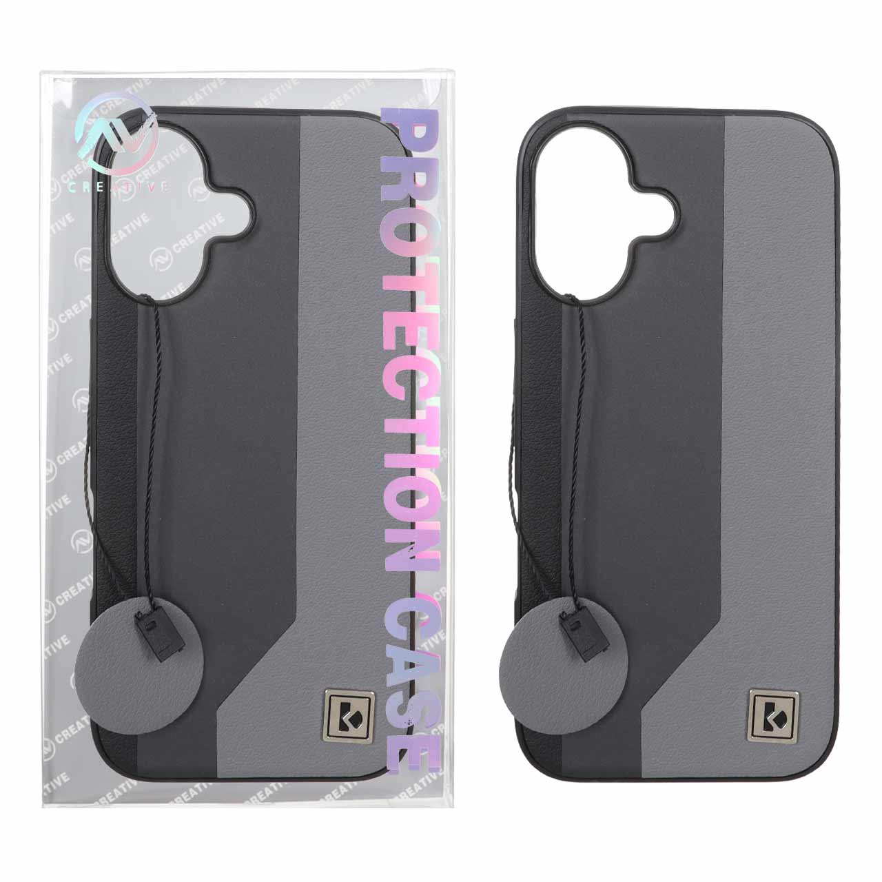 قاب Protection Case طرح چرم لوگو فلزی Apple iPhone 16 - خاکستری (پک دار)