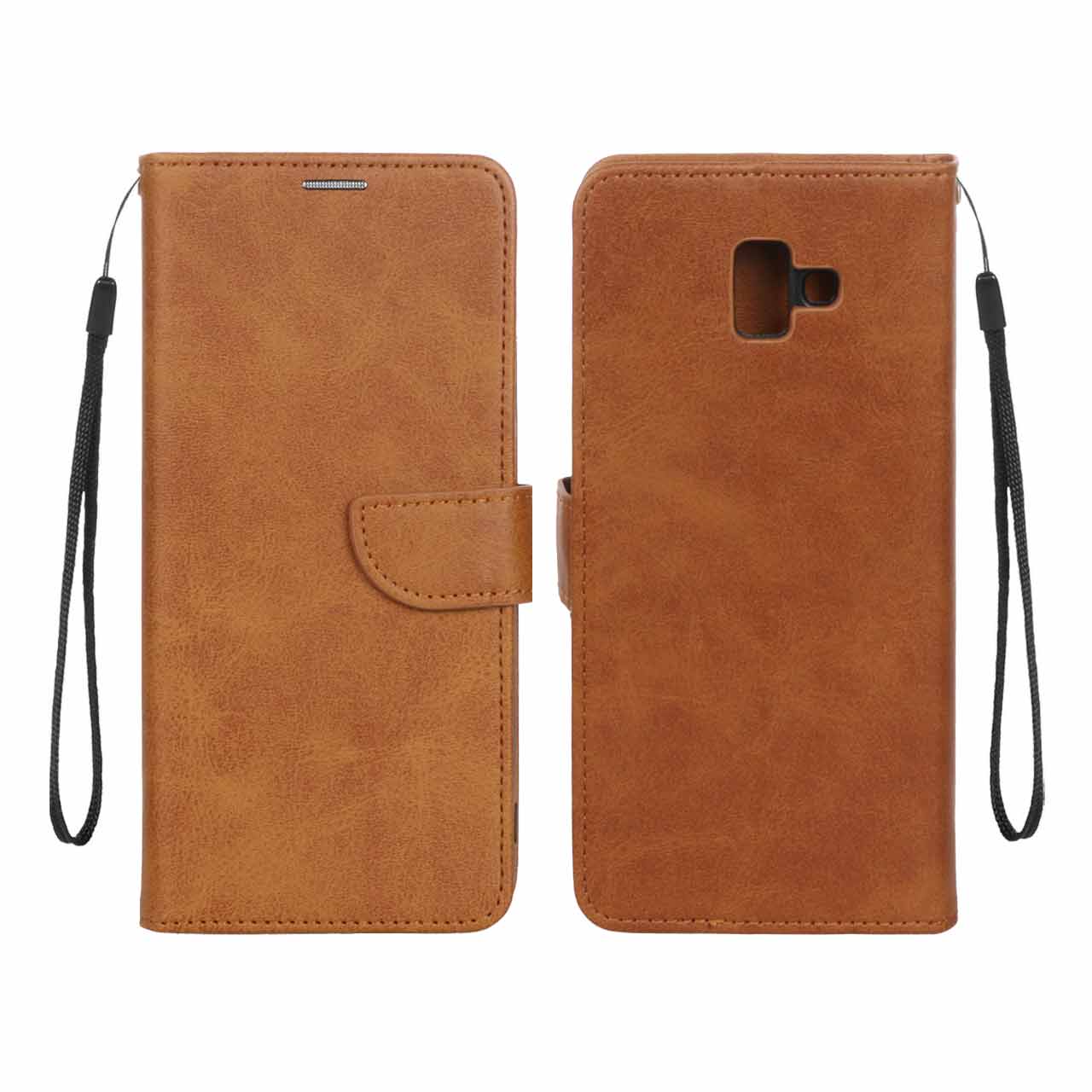 کیف چرمی موبایل مگنتی محافظ لنزدار Samsung Galaxy J6 Plus / J610 - عسلی