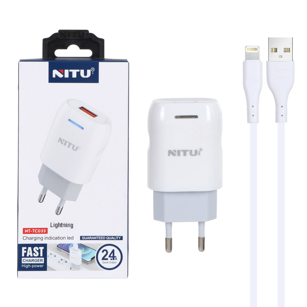 شارژر دیواری فست تک پورت Nitu مدل NT-TC033 12W به همراه کابل شارژ آیفون - سفید (گارانتی 18 ماه تعویض نیکان همراه)
