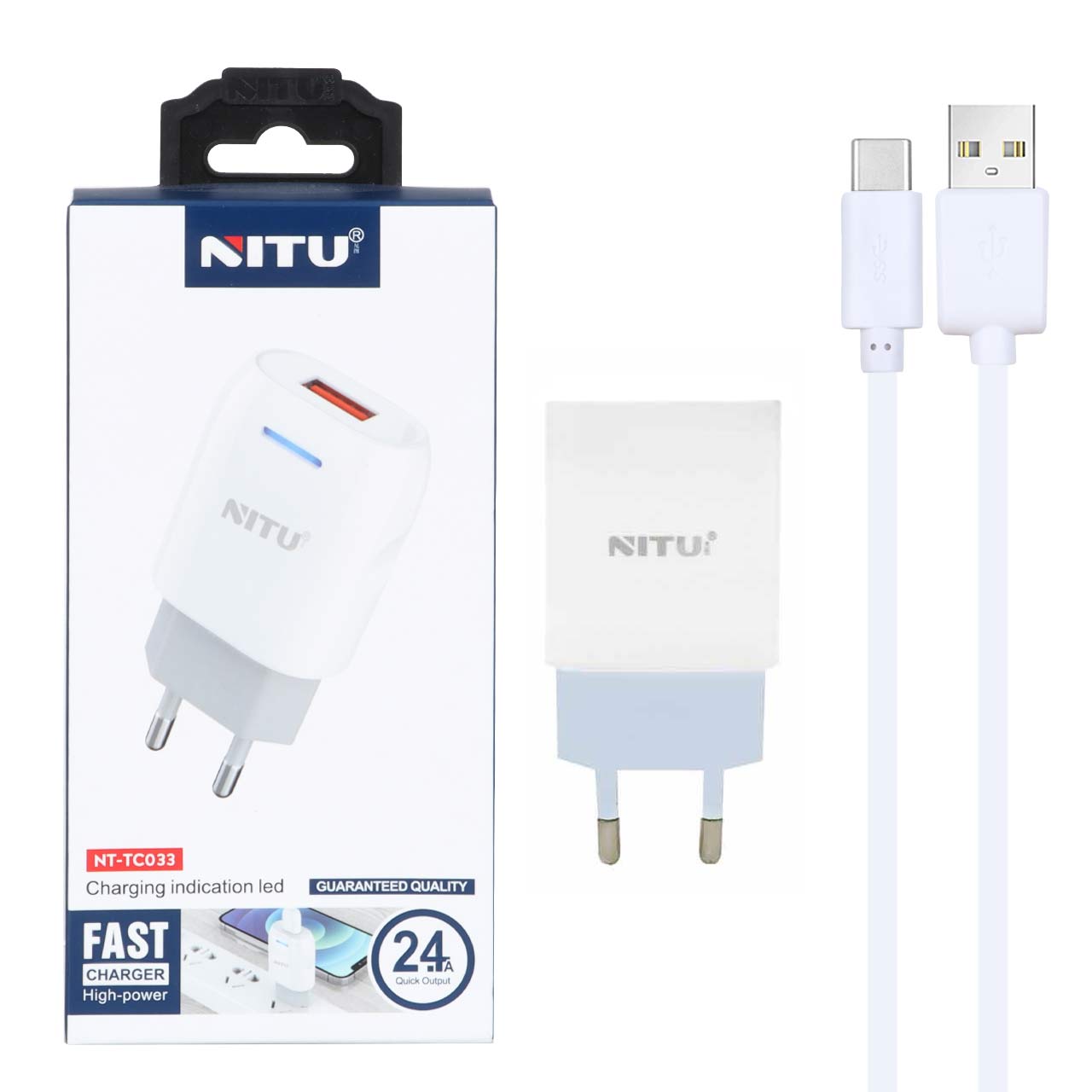 شارژر دیواری فست تک پورت Nitu مدل NT-TC033 به همراه کابل شارژ Type-C - سفید (گارانتی 18 ماه تعویض نیکان همراه)
