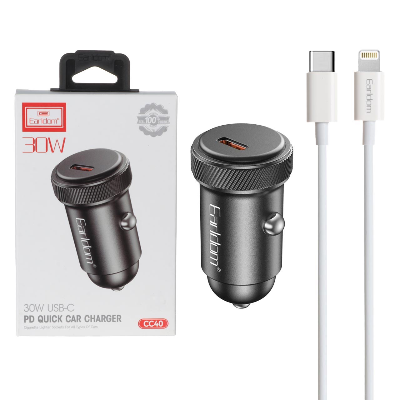 شارژر فندکی PD و فست تک پورت Earldom مدل CC40 30W به همراه کابل شارژ Type-C To Lightning - مشکی