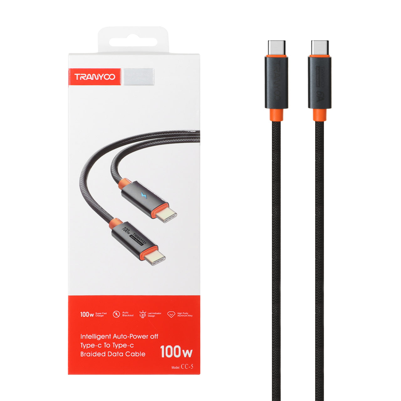 کابل شارژ 1.2 متری PD و فست Tranyoo Type-C To Type-C مدل CC-5 100W - مشکی