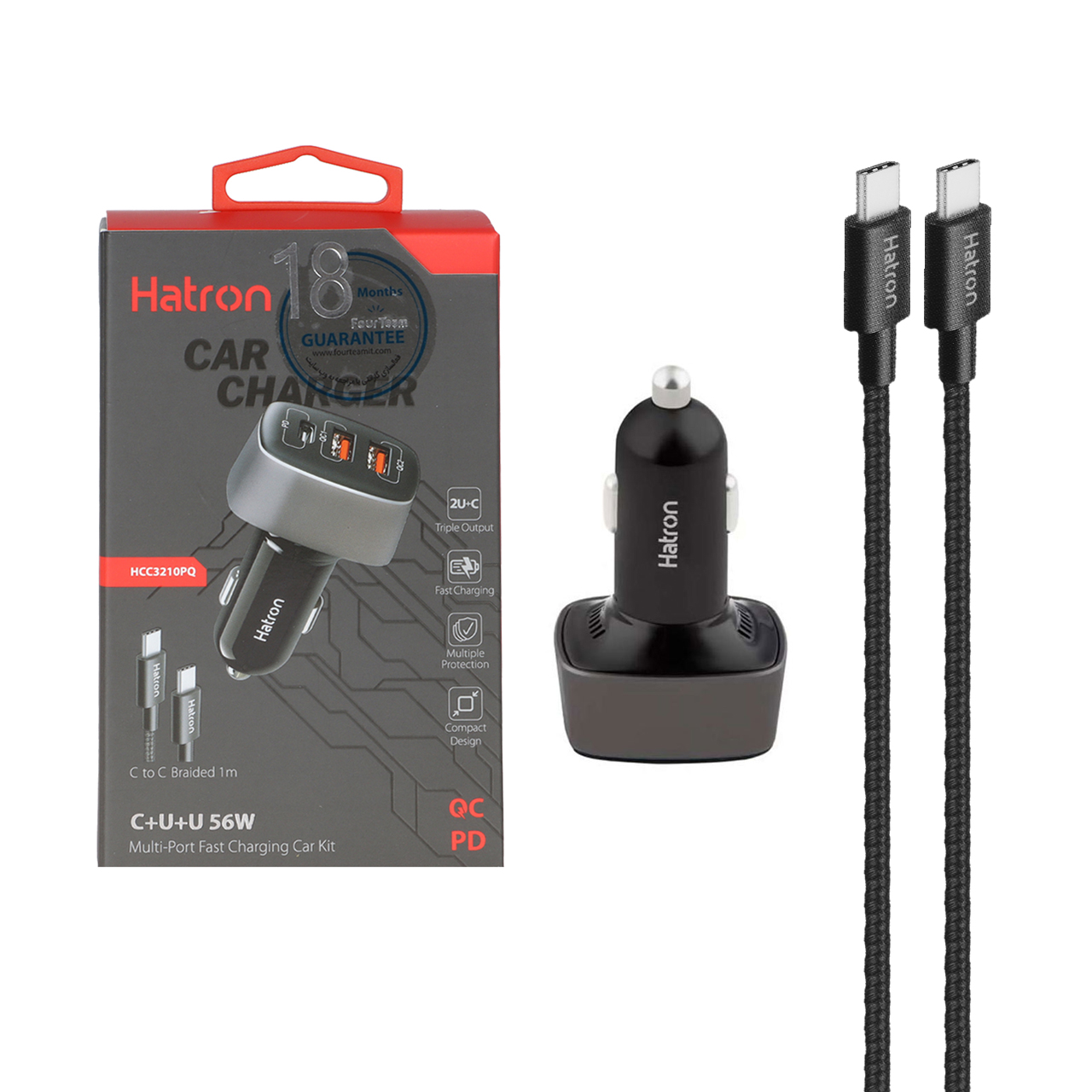 شارژر فندکی 56W فست و PD سه پورت Hatron مدل HCC3210PQ به همراه کابل شارژ Type-C to Type-C - مشکی