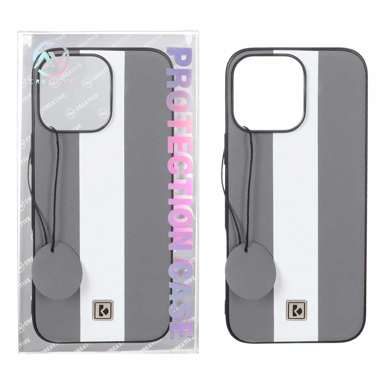 قاب Protection Case طرح چرم لوگو فلزی Apple iPhone 16 Pro Max - خاکستری سفید (پک دار)