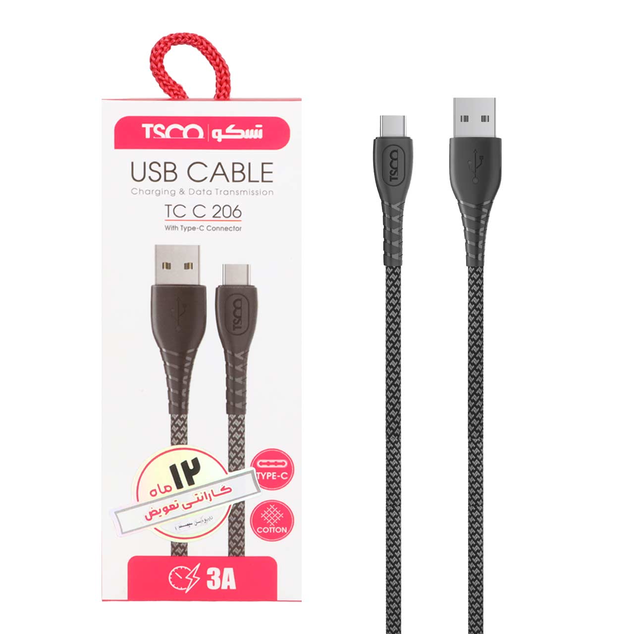 کابل شارژ و دیتا فست TSCO Type-C مدل TCC 206 - مشکی خاکستری