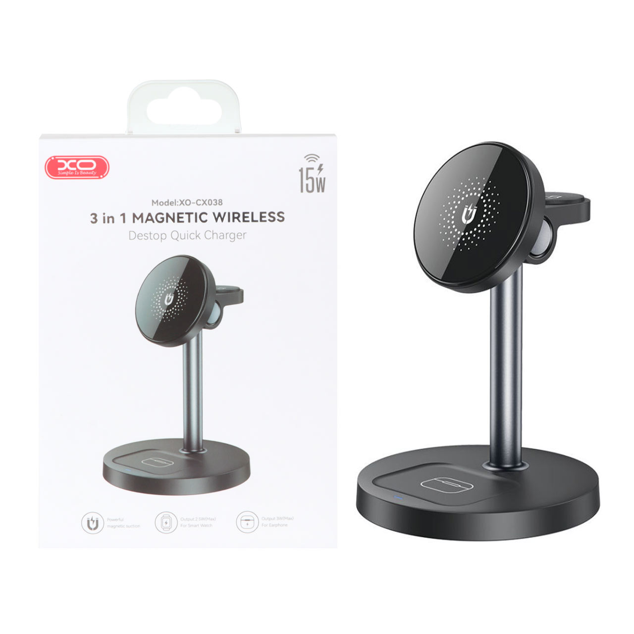 شارژر وایرلس سه کاره XO مدل CX038 - مشکی