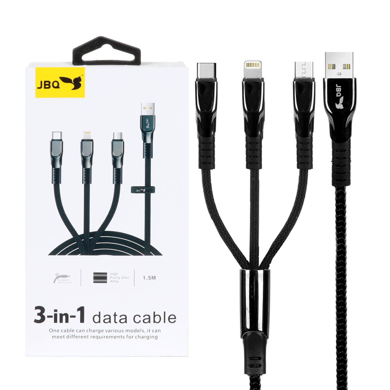 کابل شارژ 1.5 متری فست سه کاره JBQ مدل DT-U33 - مشکی (گارانتی یکساله رصاصی)