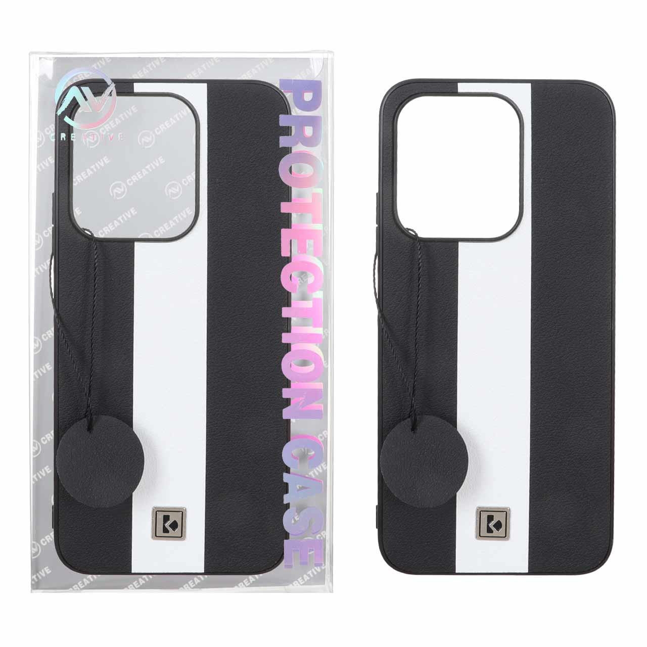 قاب Protection Case طرح چرم لوگو فلزی Xiaomi Redmi 15C / Poco C85 - مشکی سفید (پک دار)