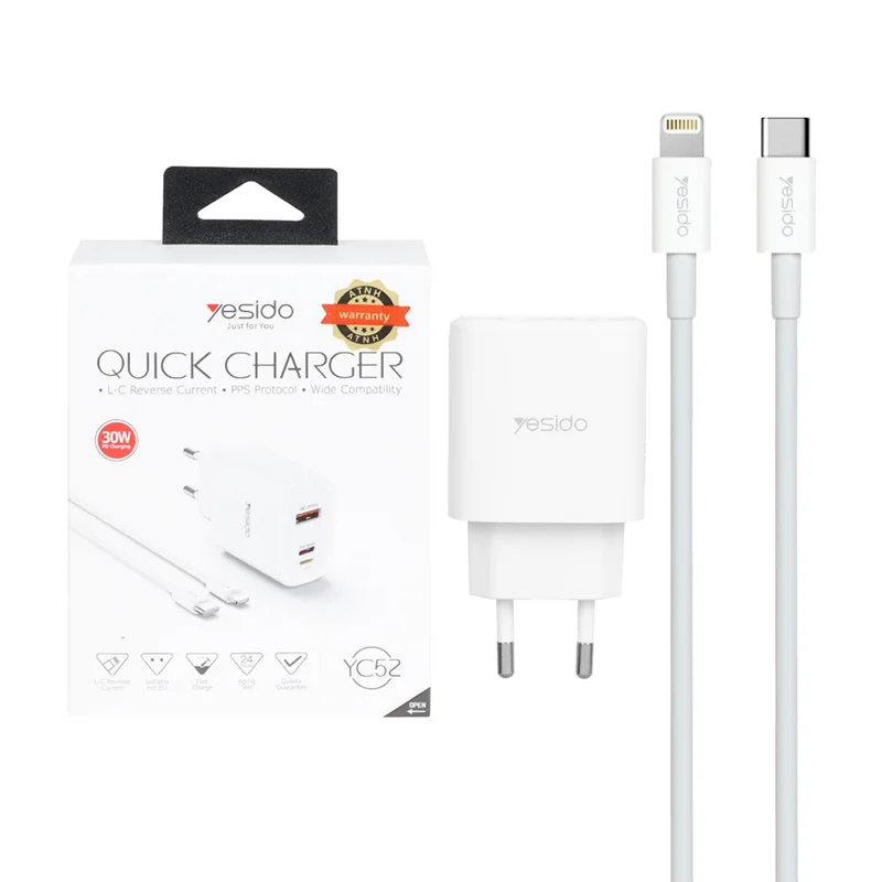 شارژر دیواری فست و PD سه پورت Yesido مدل YC52 30W به همراه کابل شارژ آیفون - سفید