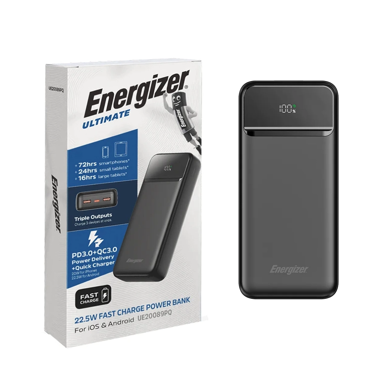 پاوربانک PD و فست شارژ Energizer 20000mAh مدل UE20089PQ 22.5W - مشکی (گارانتی متین)