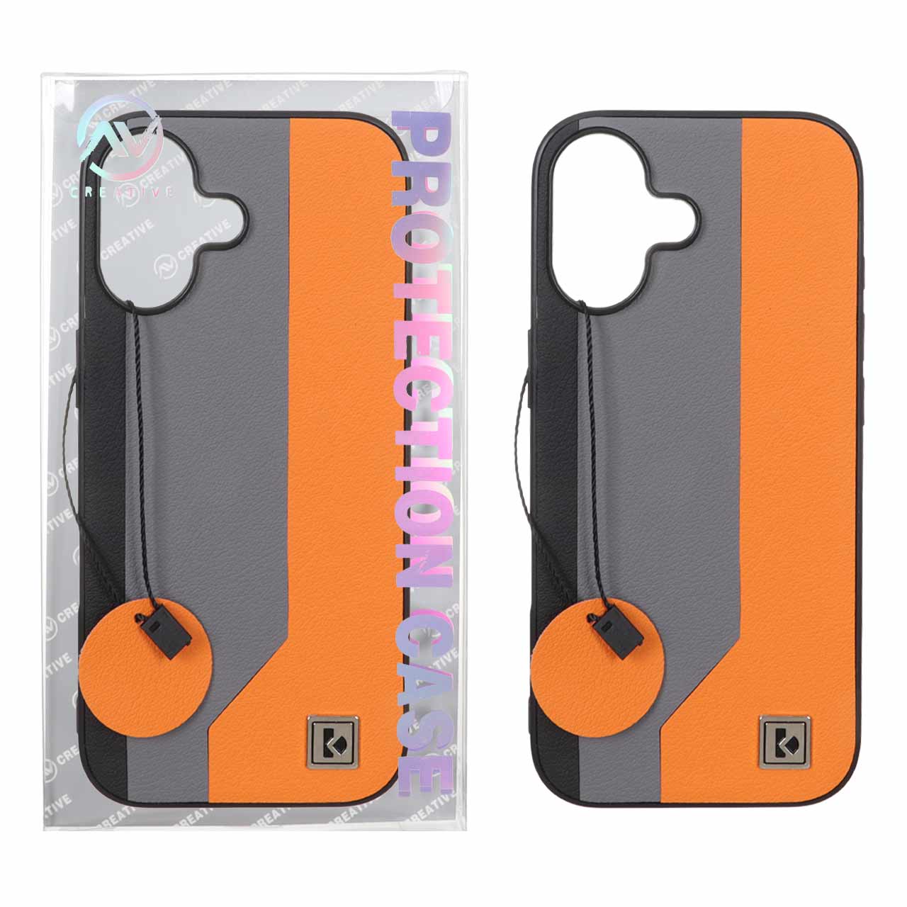 قاب Protection Case طرح چرم لوگو فلزی Apple iPhone 17 - خاکستری نارنجی (پک دار)