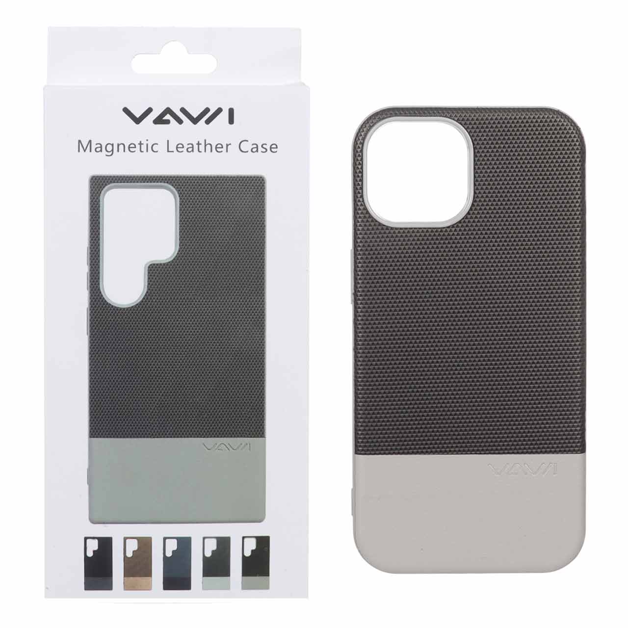 قاب Vawi چرمی دو تکه MagSafe مدل Apple iPhone 15 / iPhone 14 / iPhone 13 - طوسی (پک دار)