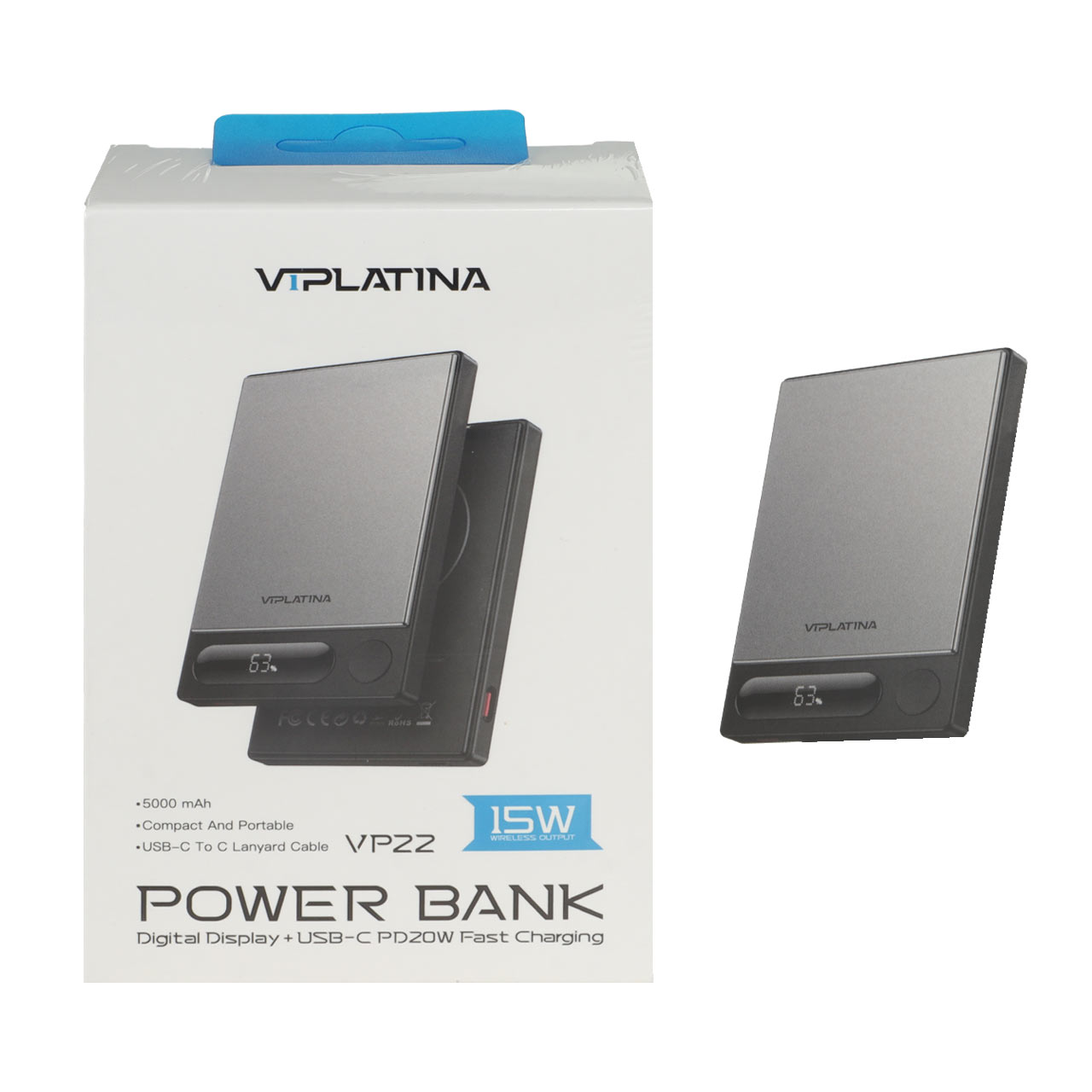پاوربانک وایرلس و فست شارژ VIPLATINA 15W 5000mAh مدل VP22 - مشکی (گارانتی 12 ماه تعویض نیکان همراه)