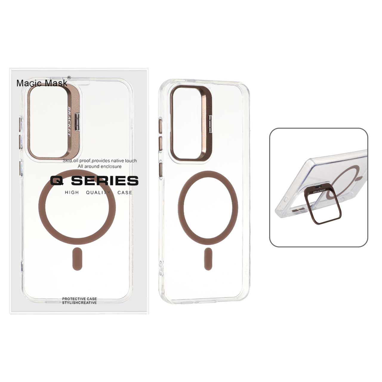 قاب اورجینال Q Series Bracket کریستالی Magsafe لنز استندشو Samsung Galaxy S24 FE - قهوه ای (پک دار)