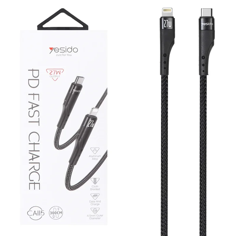 کابل شارژ 3 متری PD و فست Yesido Type-C To Lightning مدل CA115 27W - مشکی