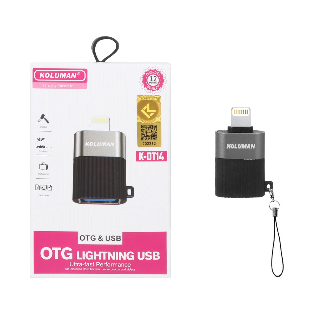 تبدیل Koluman USB OTG Lightning مدل K-OT14 - خاکستری (گارانتی یکساله PMC)
