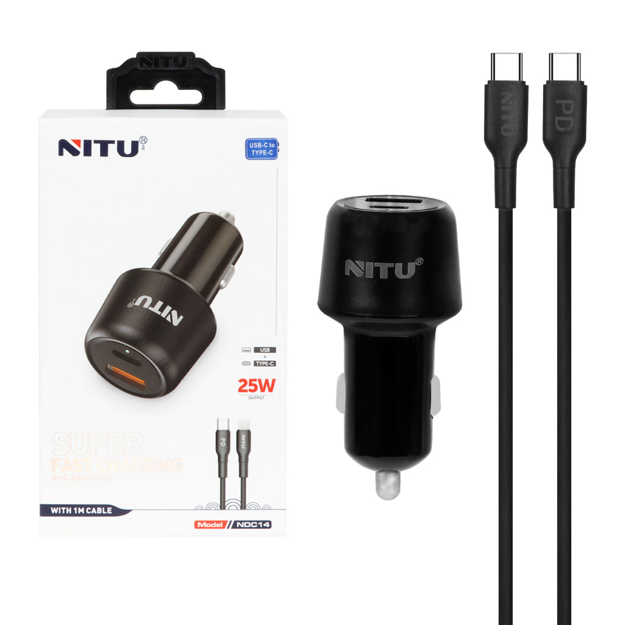 شارژر فندکی فست و PD دو پورت NITU مدل NDC14 25W همراه با کابل Type-C - مشکی (گارانتی 18 ماه تعویض نیکان همراه)