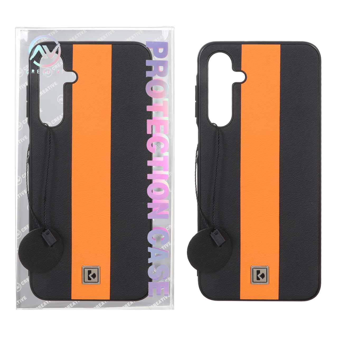 قاب Protection Case طرح چرم لوگو فلزی Samsung Galaxy A16 - مشکی نارنجی (پک دار)