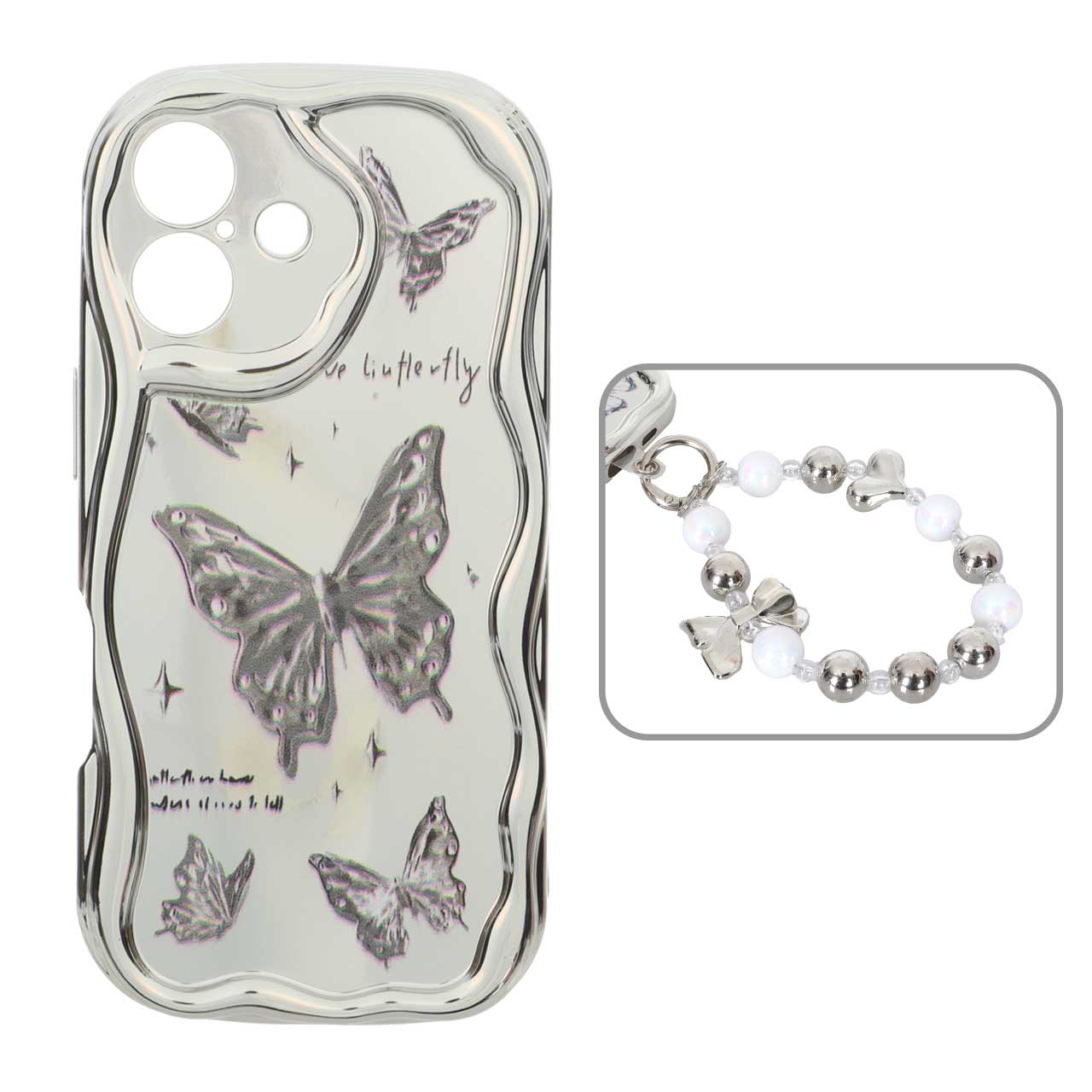 قاب کنگره ای آینه ای طرح دار با آویز مچی مرواریدی Apple iPhone 16 - کد 15