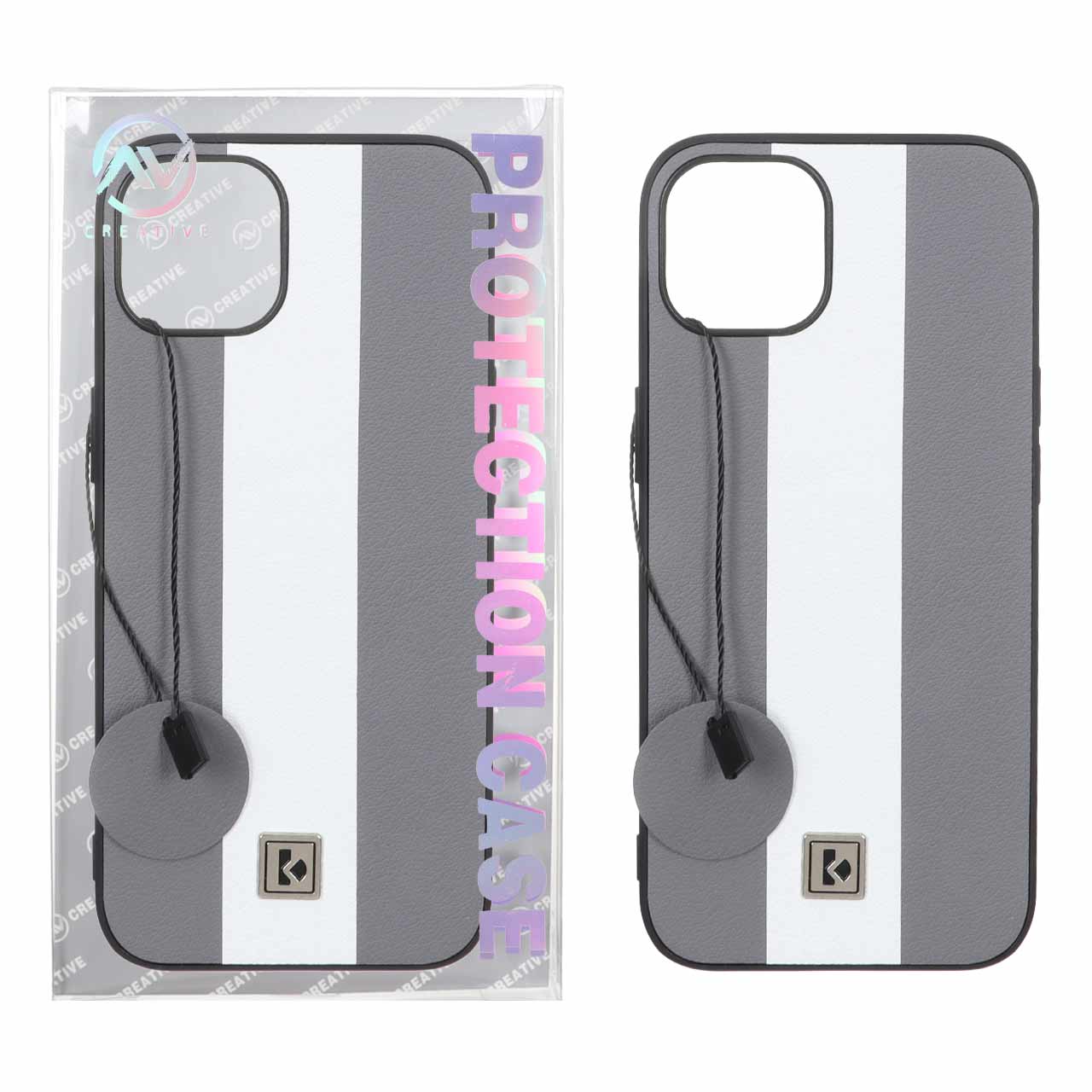 قاب Protection Case طرح چرم لوگو فلزی Apple iPhone 13 / iPhone 14 - خاکستری سفید (پک دار)