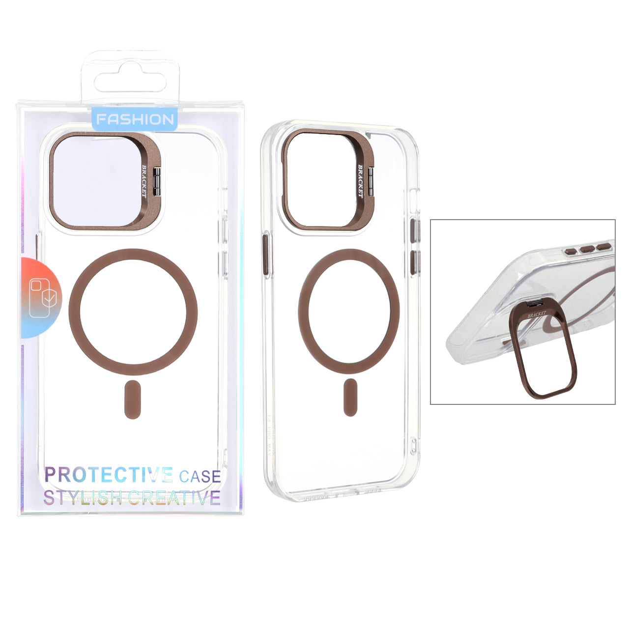قاب اورجینال Bracket کریستالی MagSafe لنز استندشو Apple iPhone 15 Pro Max - صحرایی (پک دار)