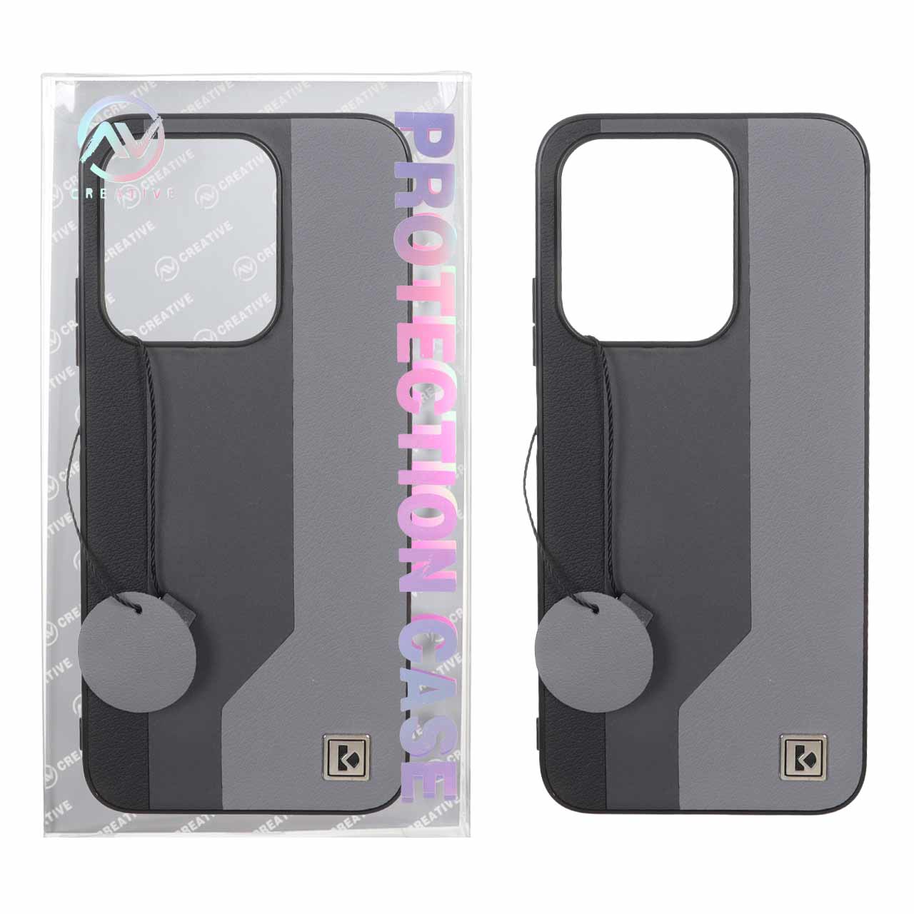 قاب Protection Case طرح چرم لوگو فلزی Xiaomi Redmi 15C / Poco C85 - خاکستری (پک دار)
