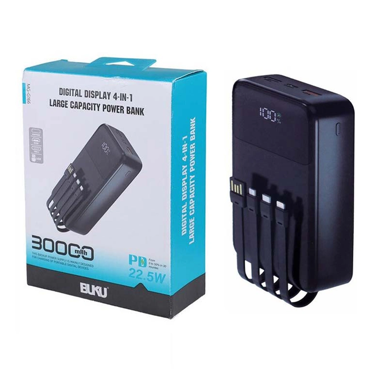 پاوربانک PD و فست شارژ BUKU 30000mAh مدل MG-G166 22.5W - مشکی - MMS (گارانتی شش ماهه YA)