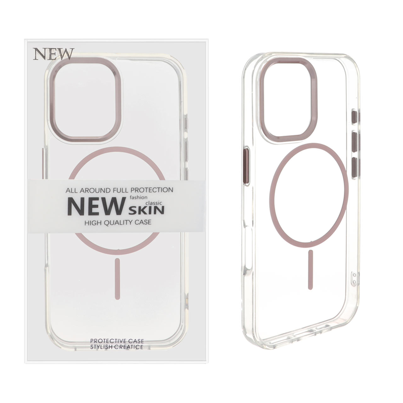 قاب اورجینال New Skin شفاف MagSafe لنز آلومینیومی Apple iPhone 16 - صورتی (پک دار)