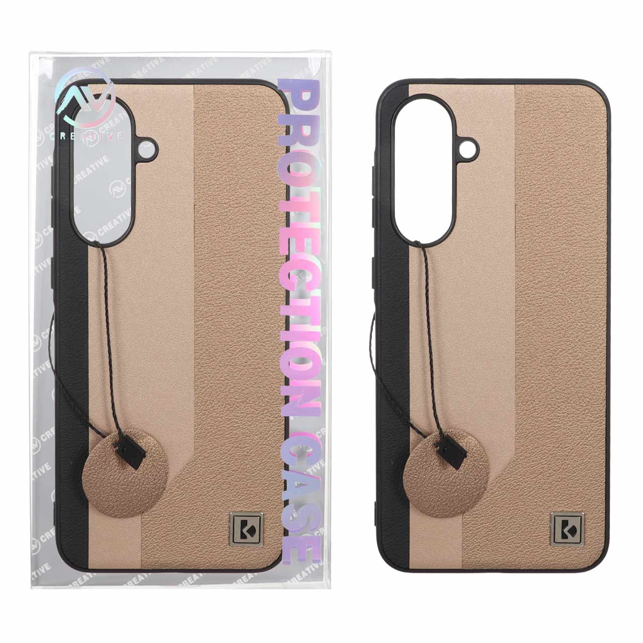 قاب Protection Case طرح چرم لوگو فلزی Samsung Galaxy A56 / A36 - طلایی (پک دار)