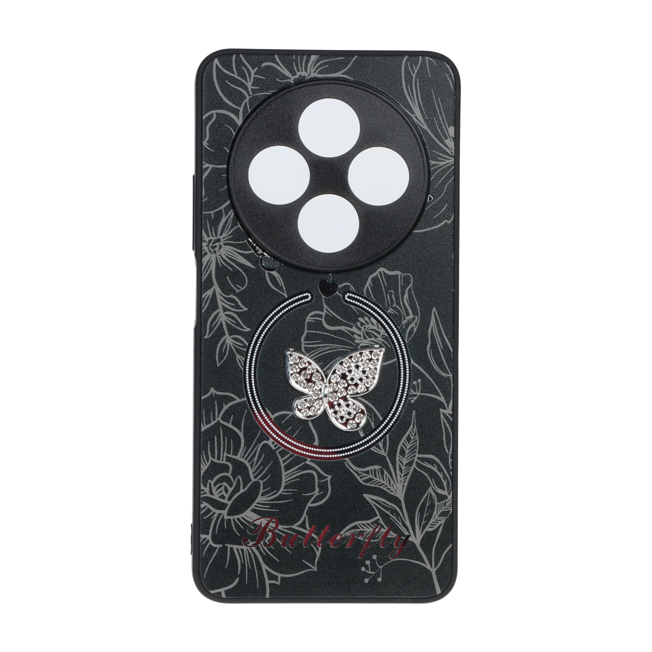 قاب Butterfly نگین دار آینه ای طرح مگ سیف Xiaomi Redmi 14C / Redmi A4 / Poco C75 - مشکی