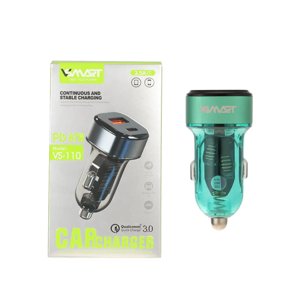 شارژر فندکی PD و فست دو پورت V-Smart مدل VS-110 67W - سبز - BSA