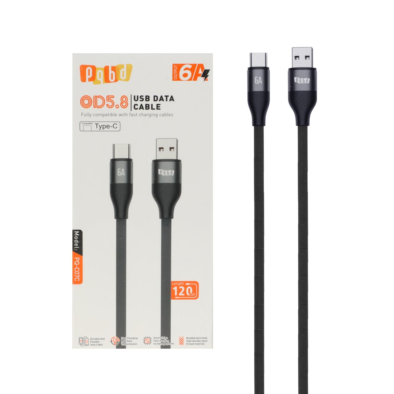 کابل شارژ فست 1.2 متری pqbd Type-C مدل PQ-C07C - مشکی