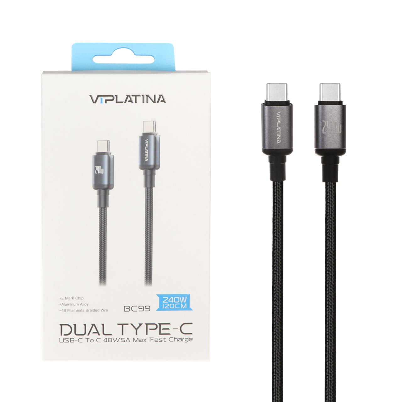 کابل شارژ فست 1.2 متری VIPLATINA Type-C To Type-C مدل BC99 240W - مشکی