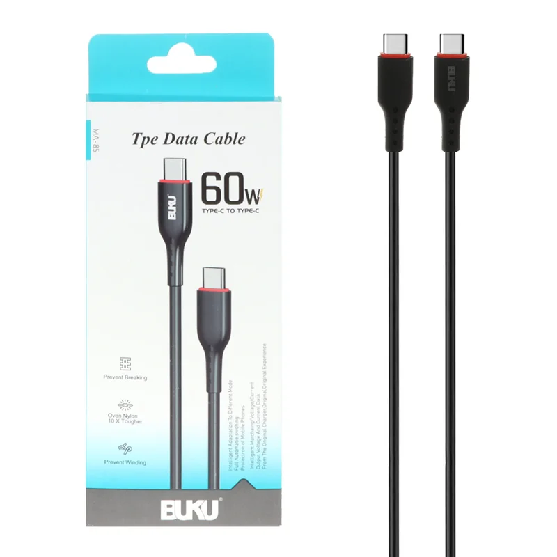 کابل شارژ 2متری فست BUKU Type-C To Type-C مدل MA-85 60W - مشکی - MMS