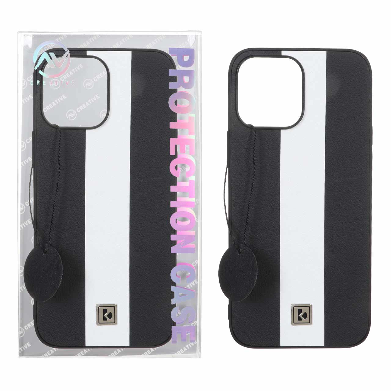 قاب Protection Case طرح چرم لوگو فلزی Apple iPhone 13 Pro Max - مشکی سفید (پک دار)