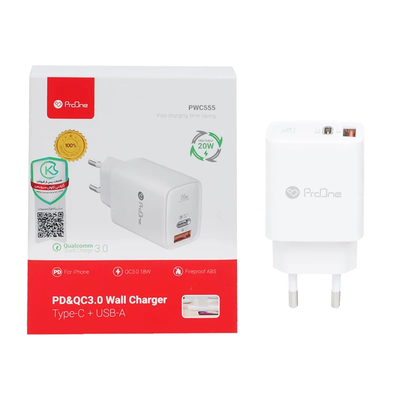 شارژر دیواری 20W فست و PD دو پورت ProOne مدل PWC555 - سفید