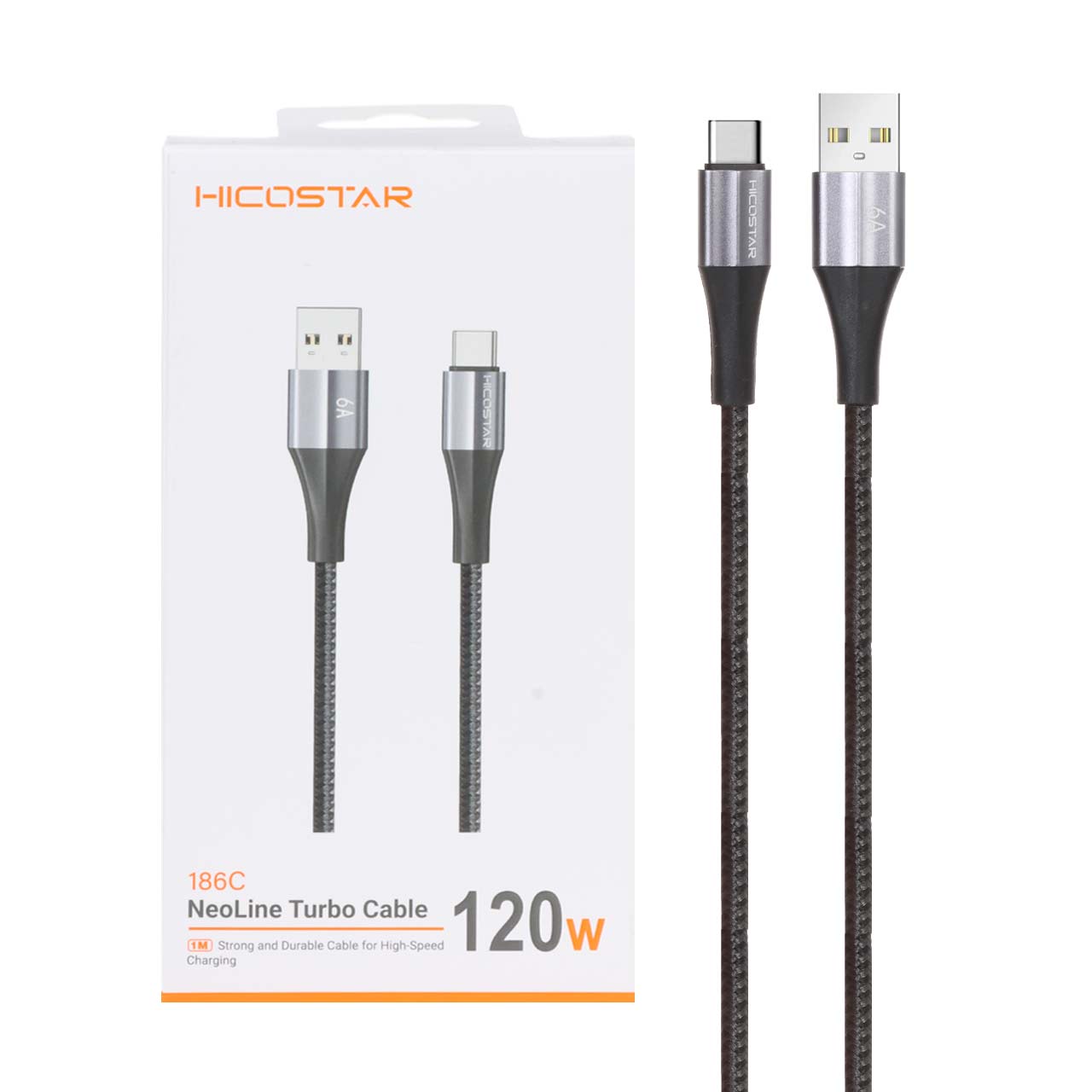 کابل شارژ فست Hicostar Type-C مدل186C 120W - خاکستری