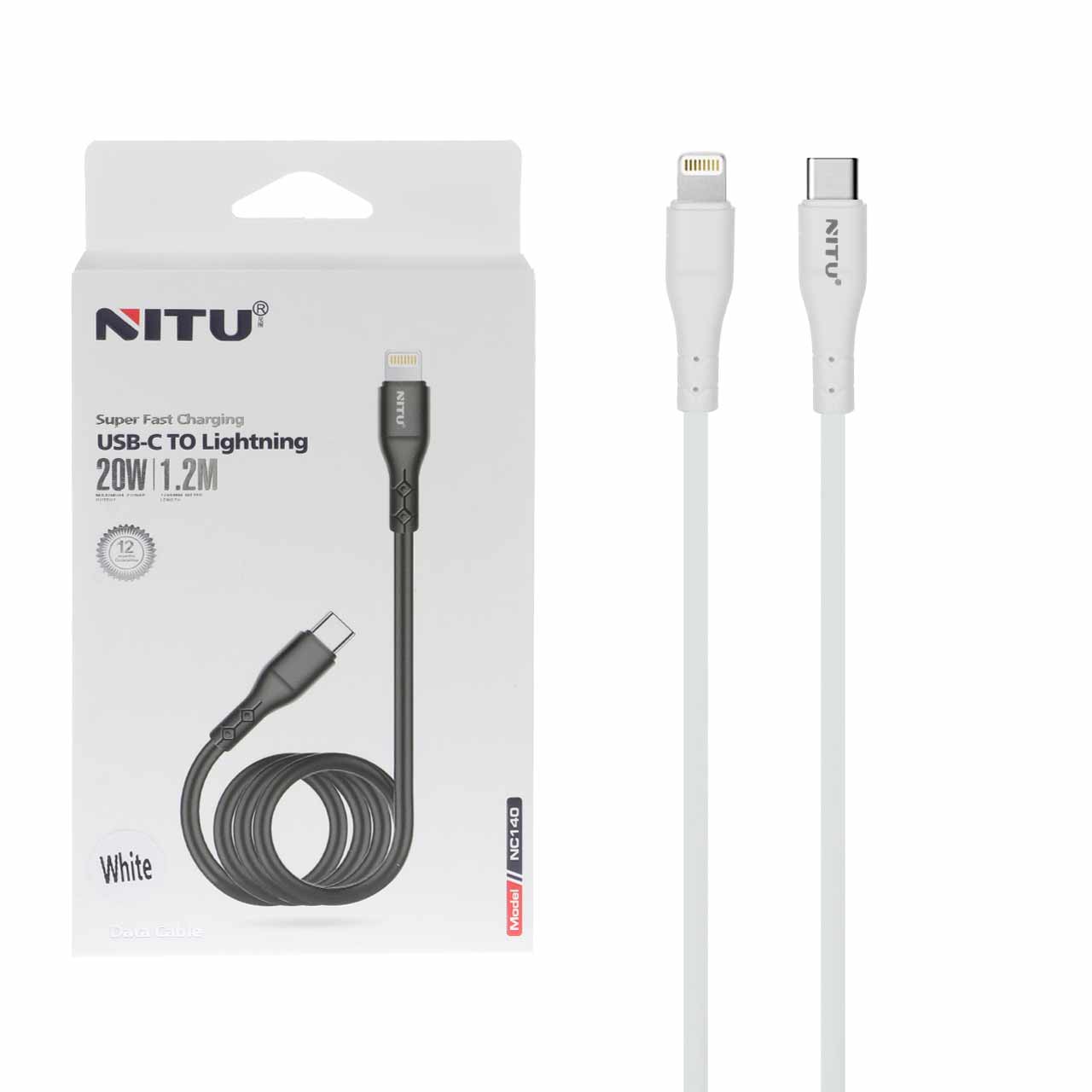 کابل شارژ فست 1.2 متری NITU Type-C to Lightning مدل NC140 - سفید (گارانتی 18 ماه تعویض نیکان همراه)