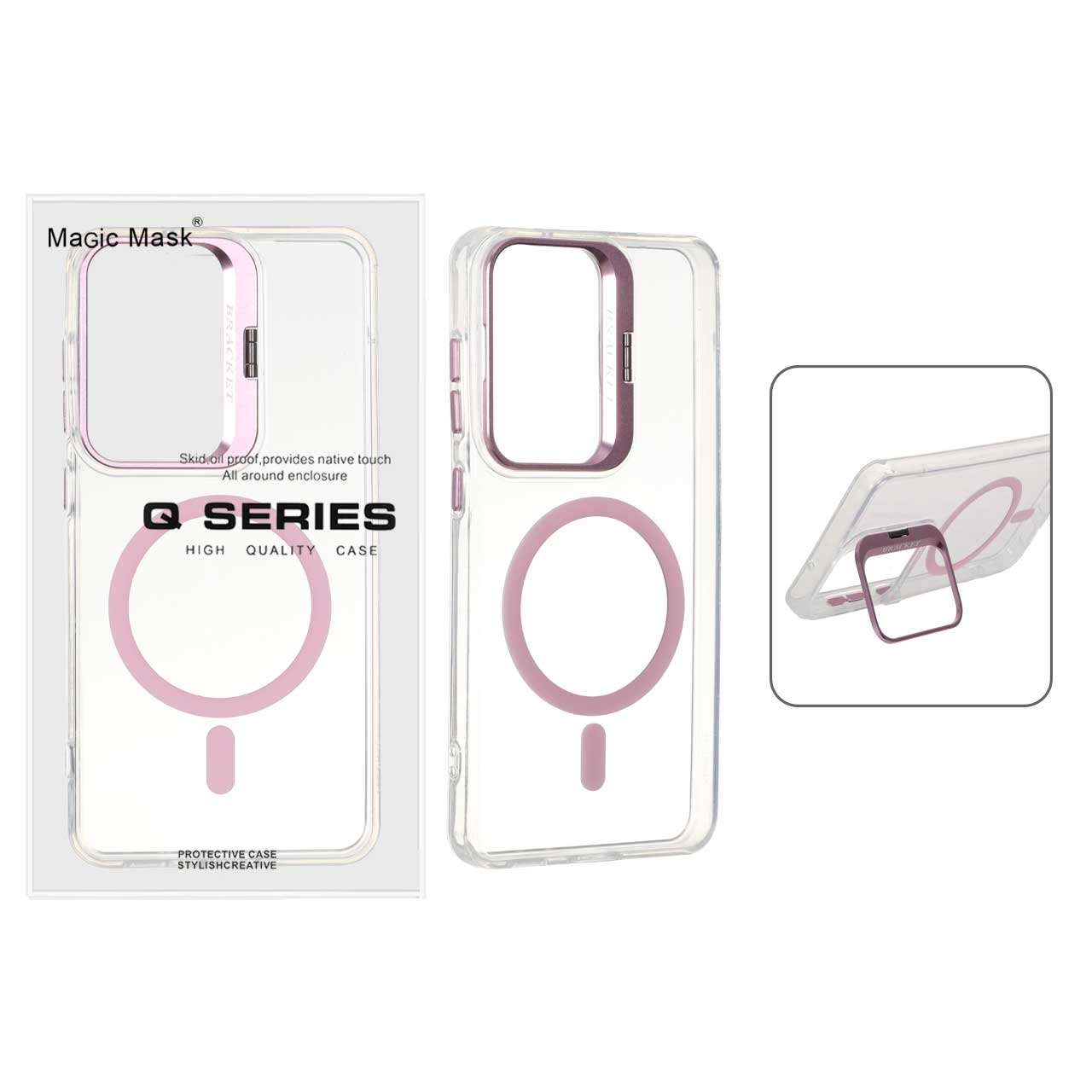 قاب اورجینال Q Series Bracket کریستالی Magsafe لنز استندشو Samsung Galaxy S21 FE - صورتی (پک دار)
