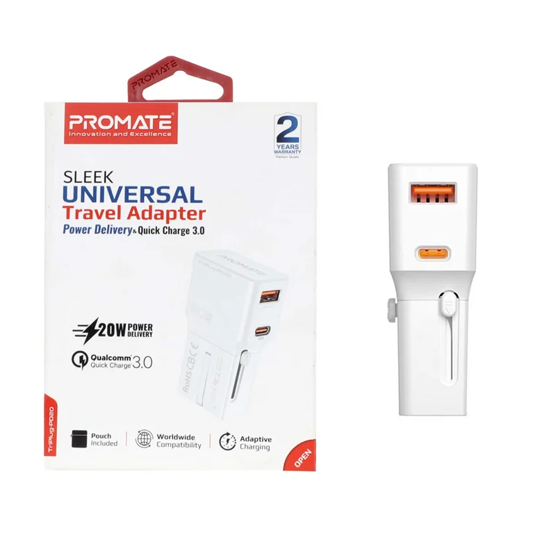 شارژر دیواری فست و PD دو پورت Promate مدل TriPlug-PD20 20W - سفید