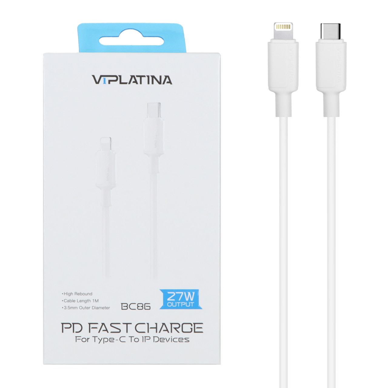 کابل شارژ فست VIPLATINA Type-C To Lightning مدل BC86 27W - سفید (گارانتی 18 ماه تعویض نیکان همراه)