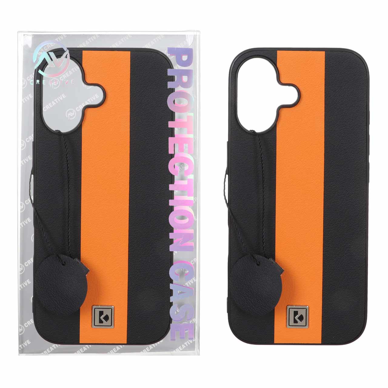 قاب Protection Case طرح چرم لوگو فلزی Apple iPhone 17 - مشکی نارنجی (پک دار)