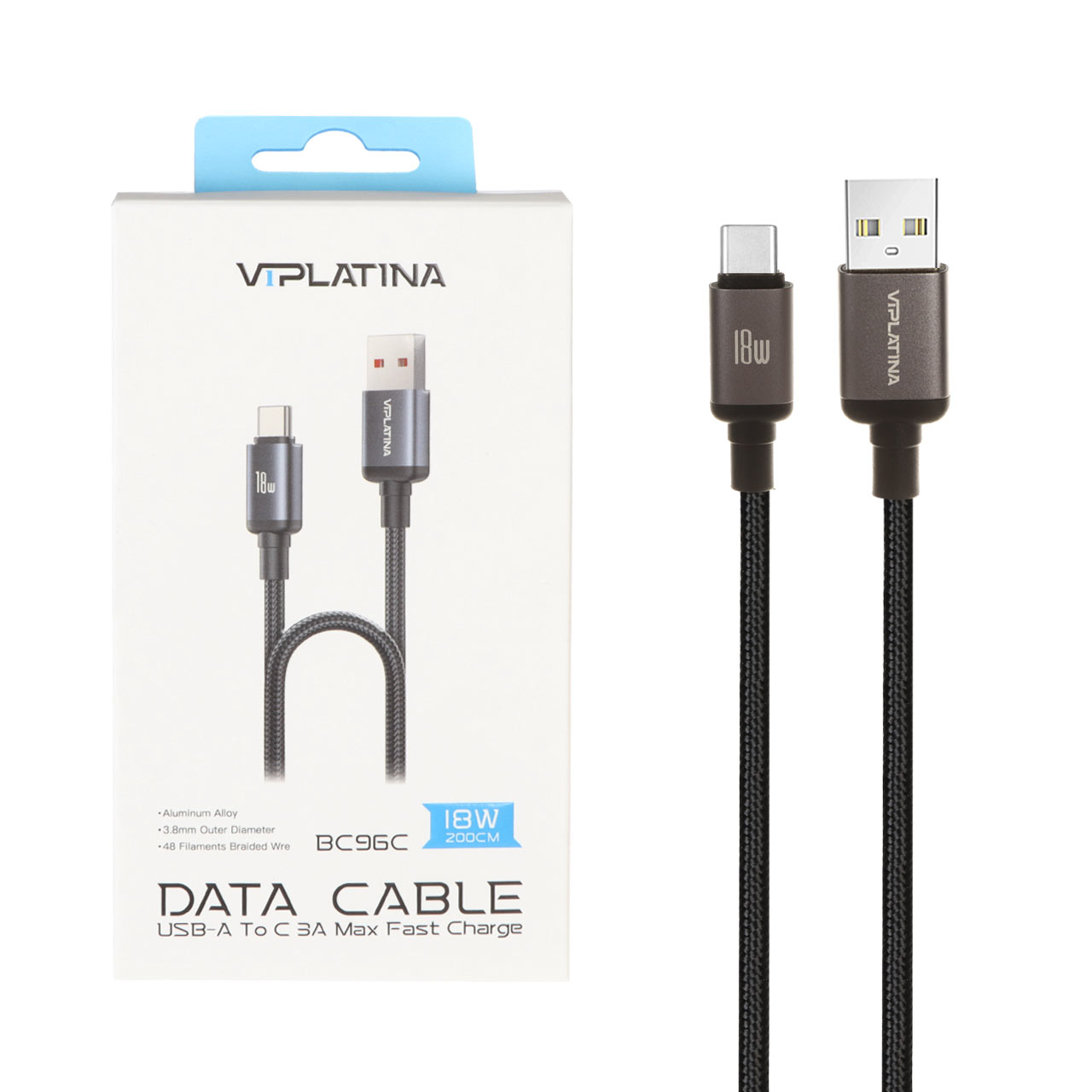 کابل شارژ فست 2 متری VIPLATINA Type-C مدل BC96C - مشکی (گارانتی 18 ماه تعویض نیکان همراه)