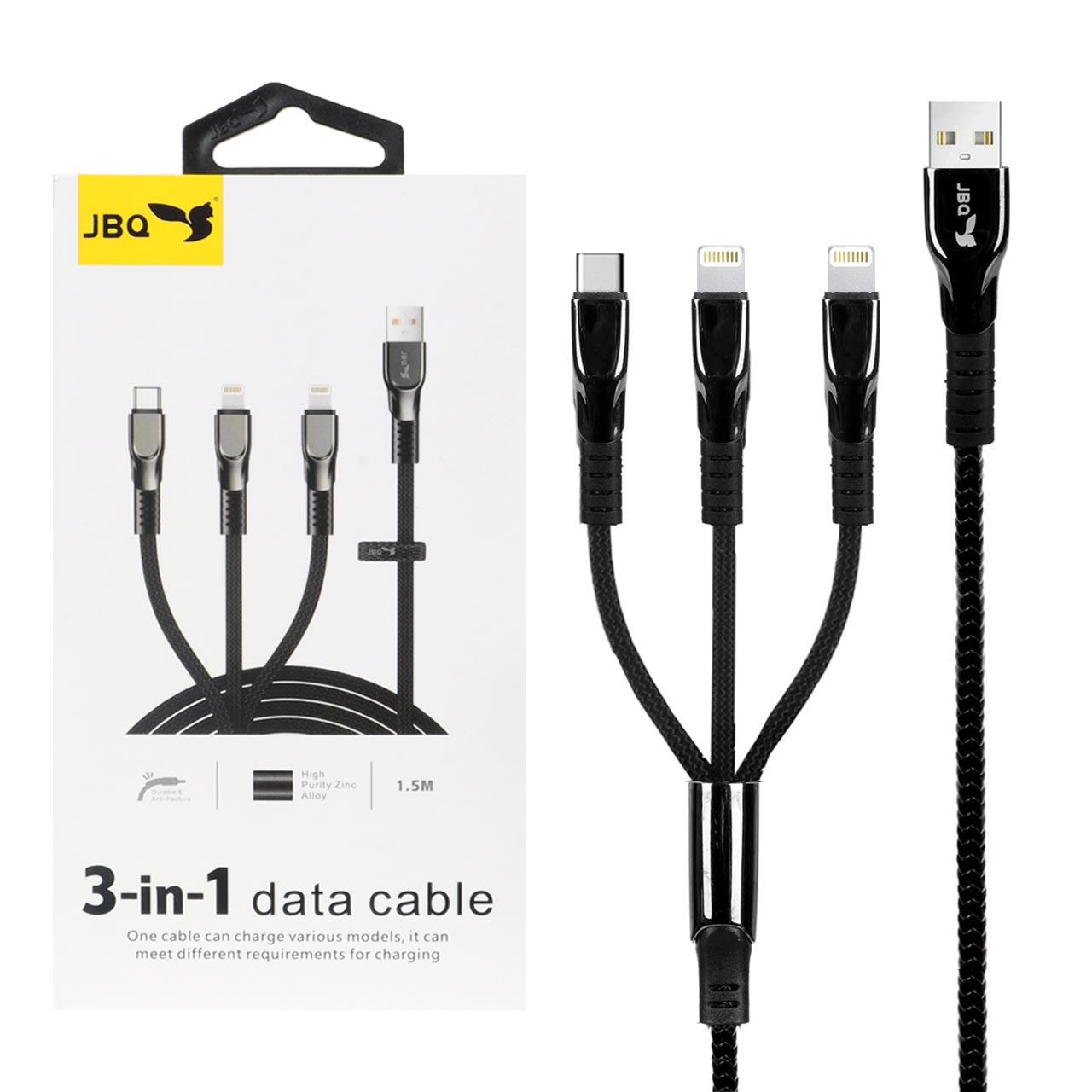 کابل شارژ 1.5 متری فست سه کاره JBQ مدل DT-U33 - مشکی (گارانتی یکساله رصاصی)