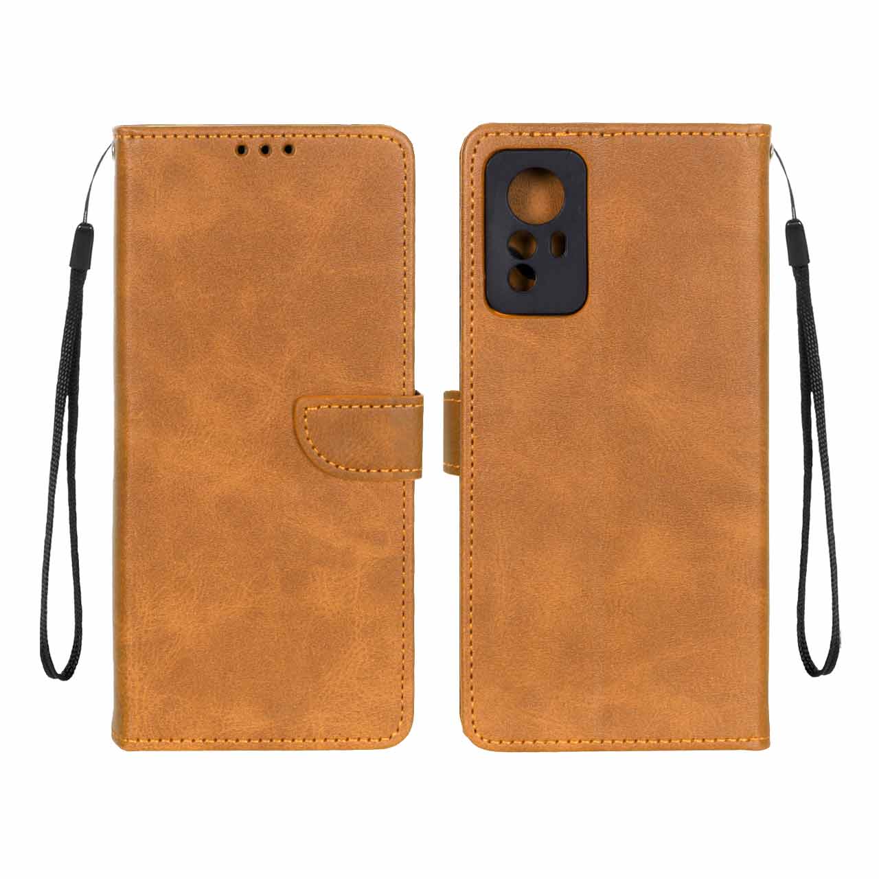 کیف چرمی موبایل مگنتی محافظ لنزدار Xiaomi Redmi Note 12S - عسلی